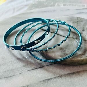 Turquoise Blue Metallic Bangle Bracelet Set Thin‎ Stacking Metal Etched Design